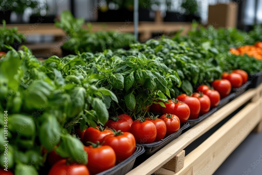 Poster rows of fresh red tomatoes green basil plants and other vegetables arranged neatly in a greenhouse s