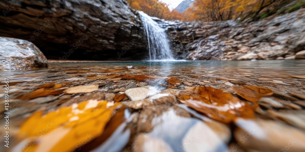 Poster scenic waterfall cascading into a tranquil pool surrounded by rocks and vibrant autumn foliage creat