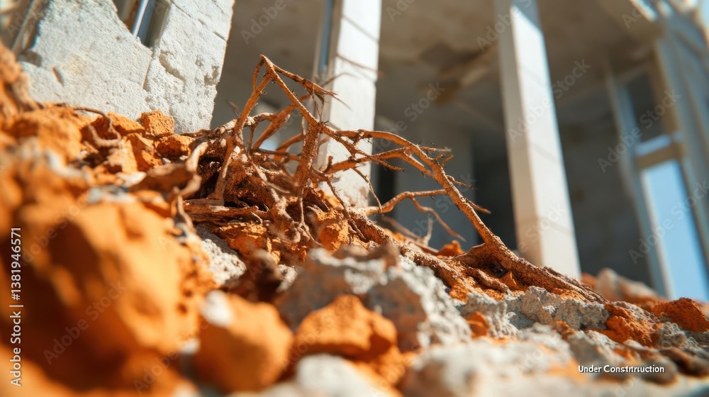 Poster debris and rubble pile in front of unfinished building under sunlight with selective focus showcasin