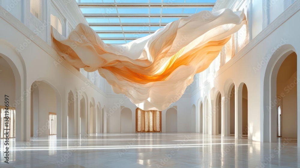 Aufkleber large indoor space featuring an abstract fabric art installation hanging from the ceiling with archw