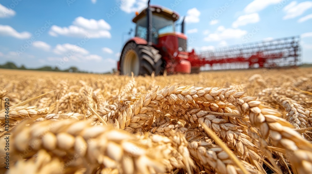 Poster close up view of golden wheat field with a red vehicle in the background under a blue sky on a sunny