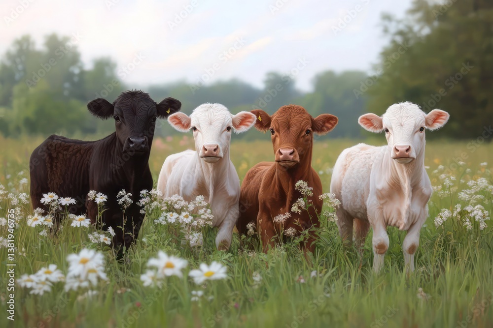 Poster four young cows of different colors standing in a field of wildflowers. the cows have variations in 