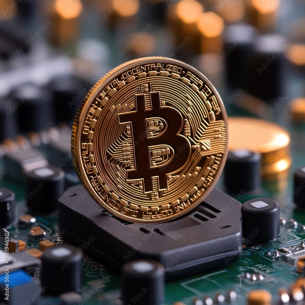 Poster Golden coin with a cryptocurrency symbol stands on a computer circuit board. The background shows other parts of the circuit board creating a technological backdrop