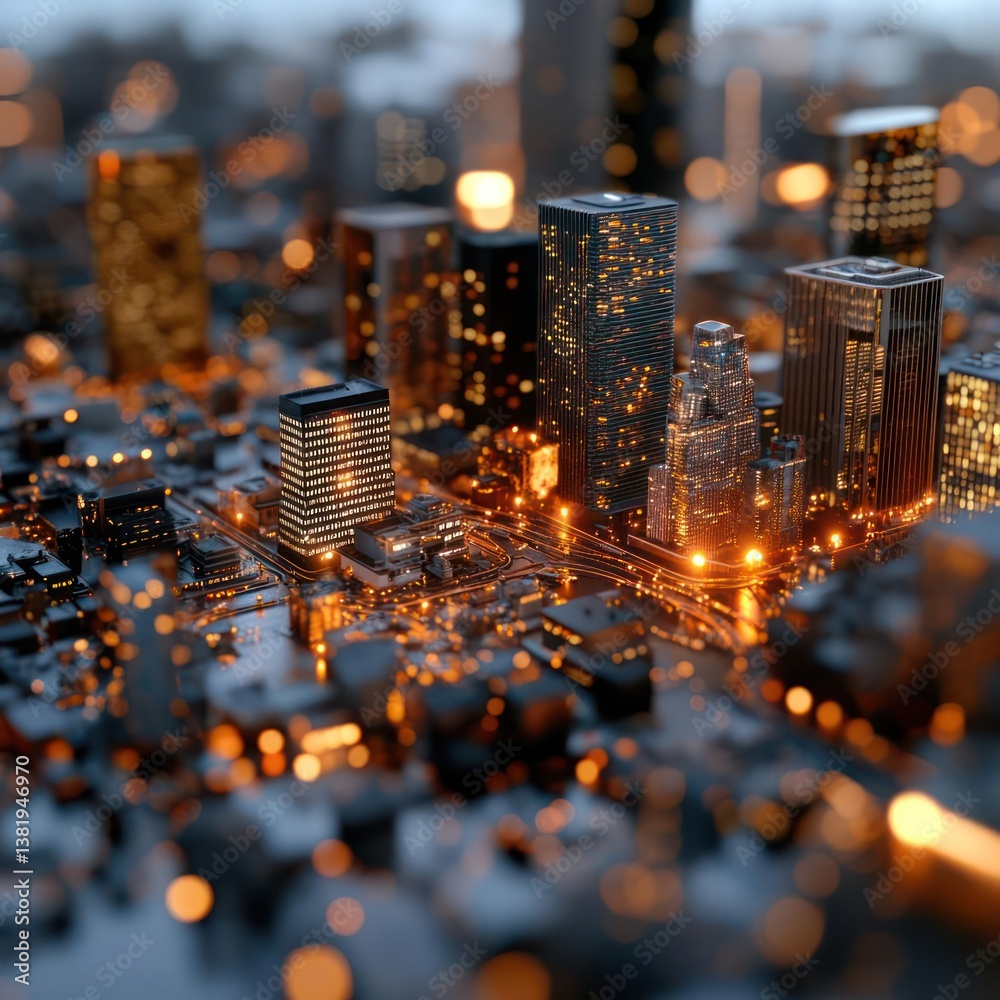 Aufkleber Abstract cityscape with blurred lights and modern architecture rendered in a futuristic style with a shallow depth of field
