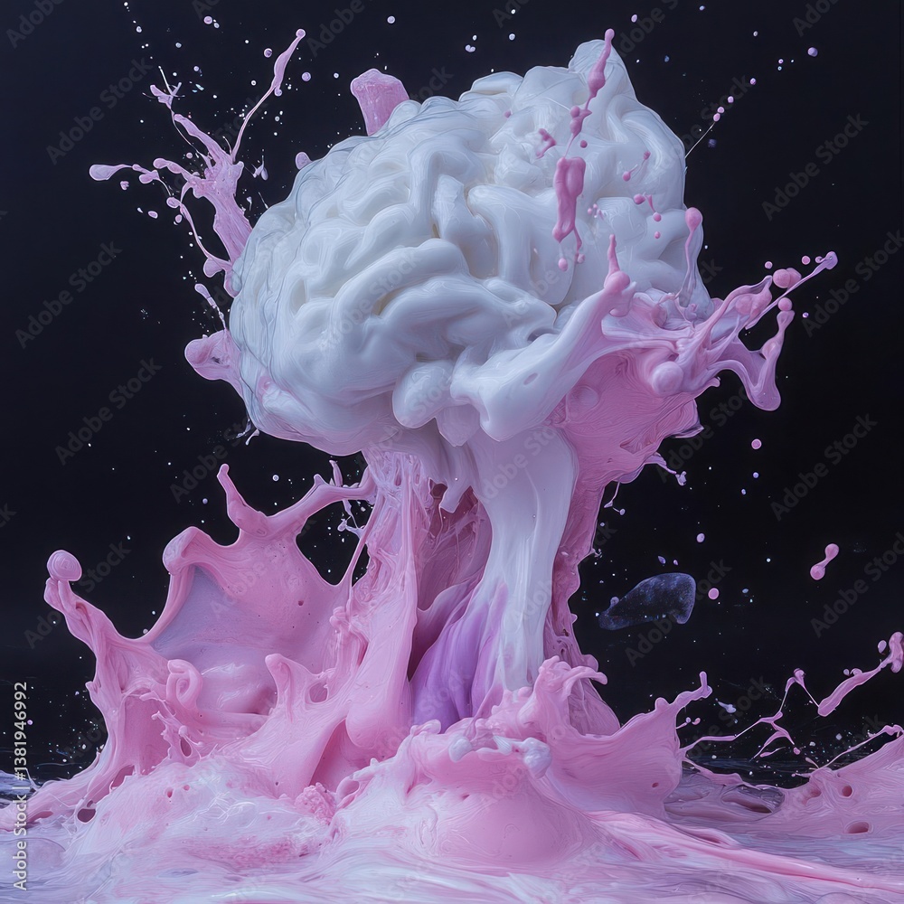 Poster artistic representation of pink and white liquid explosion against a dark background showcasing a sp