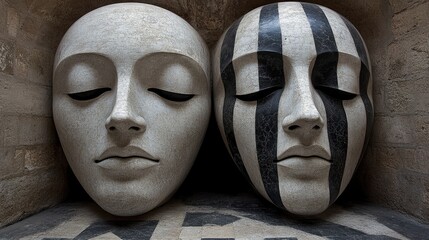 Two large, serene faces, one plain, one striped, resting side-by-side