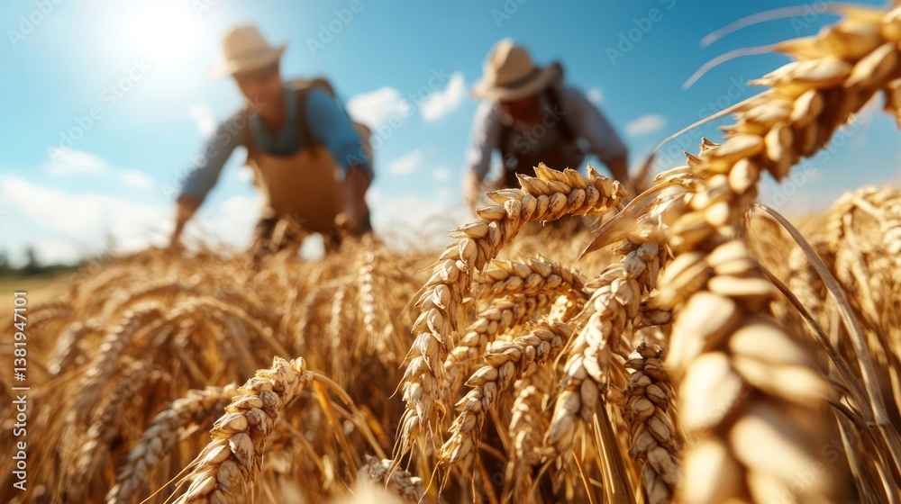 Poster two farmers in straw hats working in golden wheat field under blue sky with lens flare