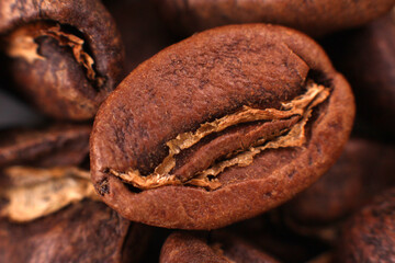 Macro shot of a roasted coffee bean with visible cracks, surrounded by other beans, highlighting its rich brown texture and natural layers. Ideal for coffee branding