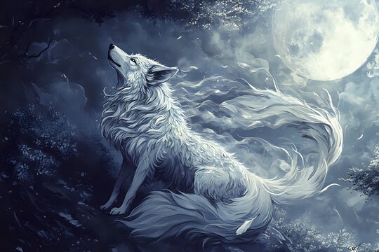 White Wolf Howling Under a Full Moon at Night