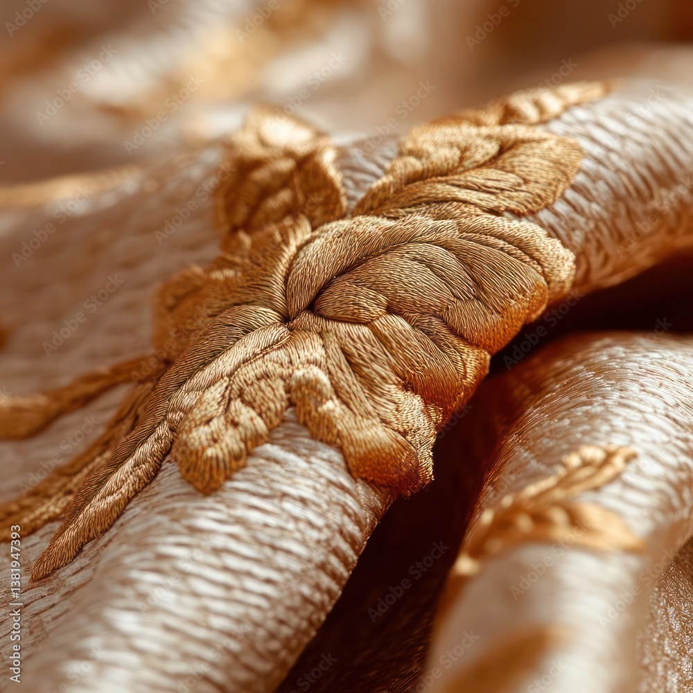 Poster close up golden fabric with embroidered floral pattern featuring detailed leaf and petal designs in 