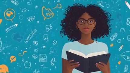 Black Woman Taking Notes in Notebook with Education Icons - Professional Stock Photo