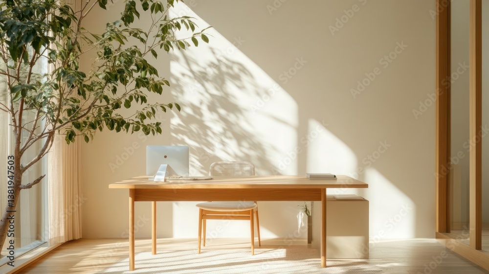 Poster wooden desk with computer and chair near window with green plant and sunlight creating shadows in a 