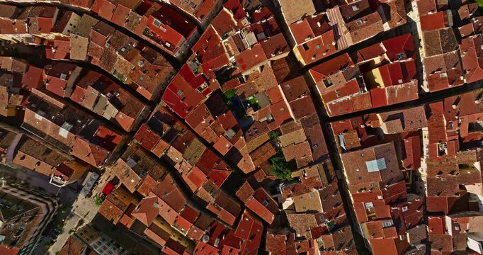 Aerial view of ancient streets and houses of the historic center of the city of Hyeres in the Var department on the azure coast