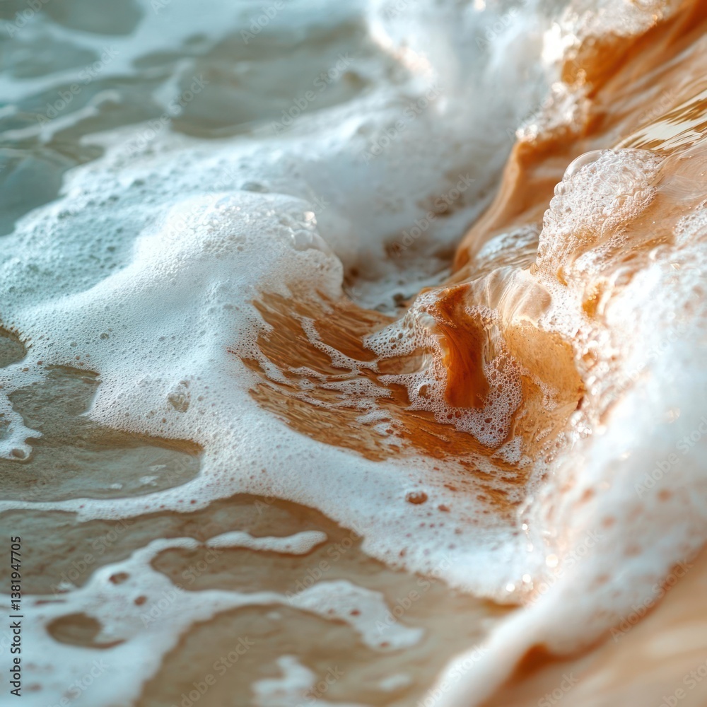 Aufkleber Close up ocean waves with sea foam turquoise water and golden sand captured at beach. Gentle natural sunlight illuminates the textured surface creating abstract patterns and details