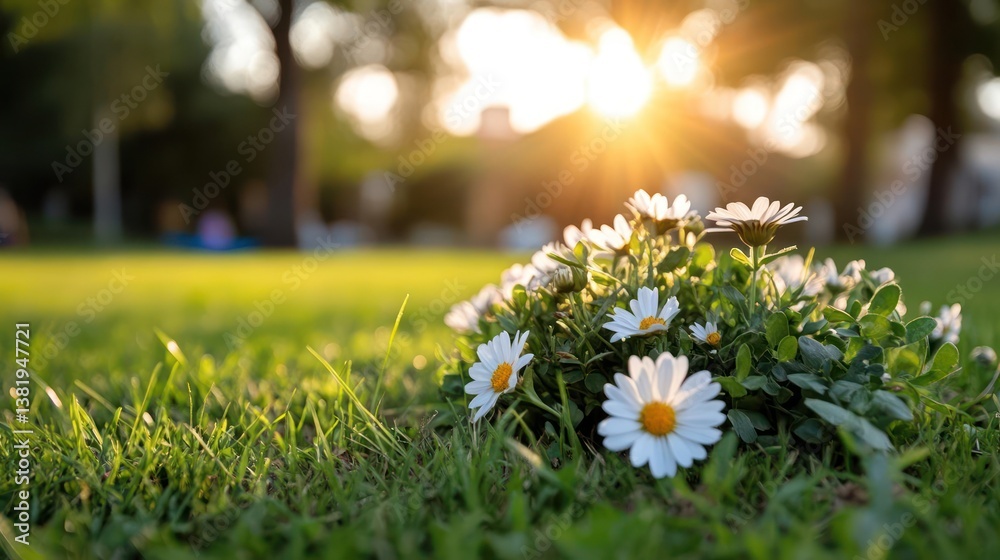 Poster close-up of white daisy flowers with yellow centers bask in the warm golden light of sunset in a gra