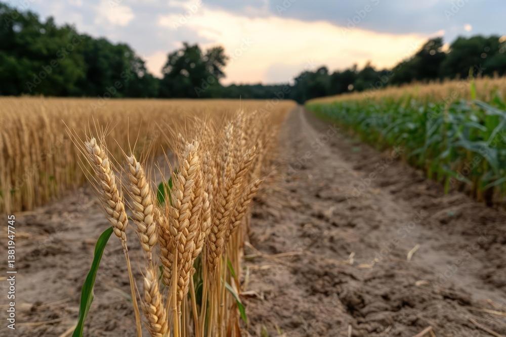 Aufkleber close up view of wheat field during golden hour. the foreground features wheat, with corn field and 