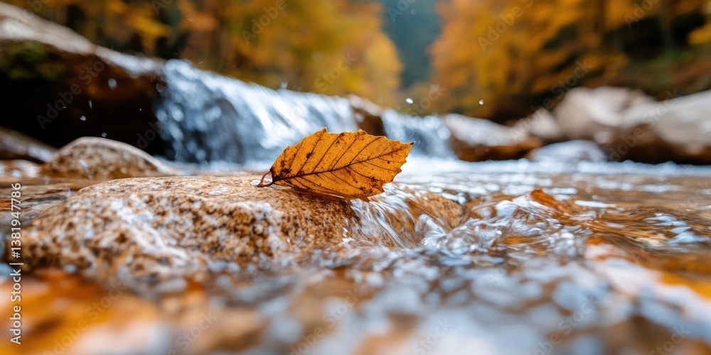Poster close up of orange leaf on rock in flowing water with blurred background of autumn trees and waterfa