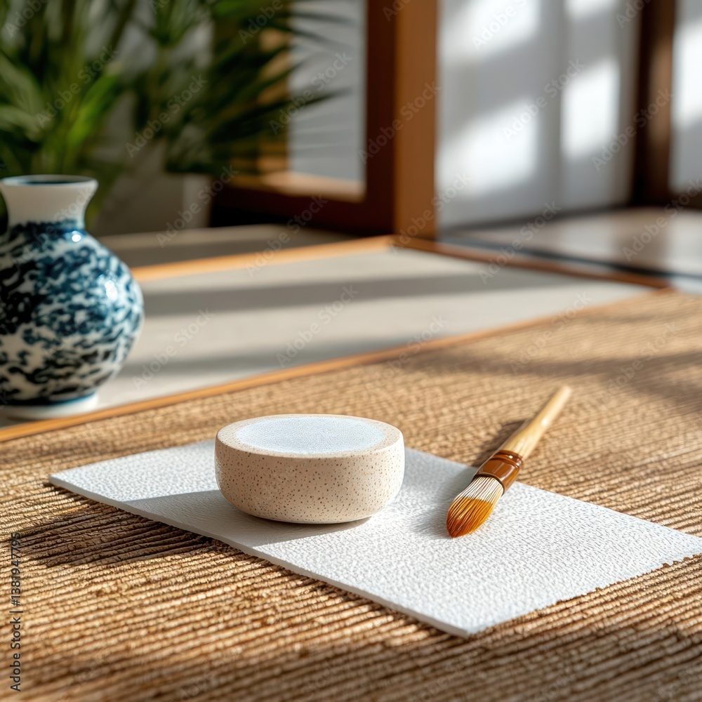 Poster close up studio shot of ceramic objects including a small round pot on a textured white tile and a p