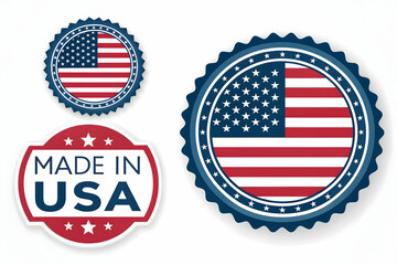 Vector illustration of design of Made in USA,Set of 'Made in USA' labels and badges with American flag elements, patriotic design in red, white, and blue colors, circular and scalloped shapes, clean a