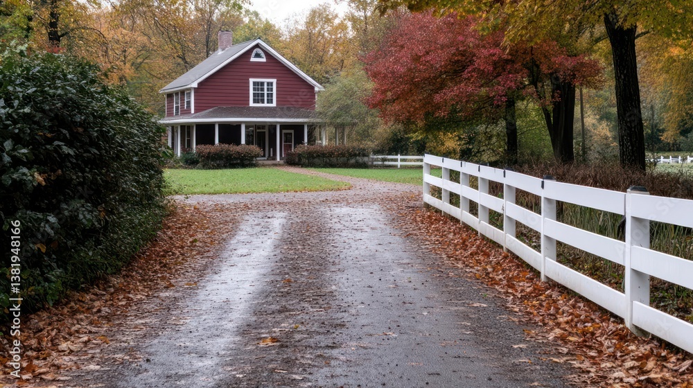 Poster generic home surrounded by autumn trees with a white fence and leaf-covered road. fall landscape wit
