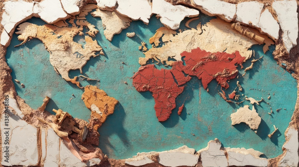 Poster World map artwork with torn plaster effect showing continents in multiple colors on blue background and white brick edges