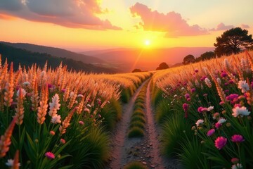 Naklejka premium Serene Sunset Vista A sun-drenched path meanders through vibrant wildflowers, leading towards a breathtaking panorama of rolling hills bathed in the golden light of a picturesque evening
