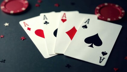 Obraz premium Four aces fanned out, showing details of card design , cards, one