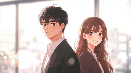 笑顔のビジネスパートナー・夕暮れのオフィスで並ぶ男女のイラスト・信頼感・爽やか・コピースペースあり