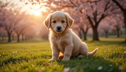 A sweet and innocent golden retriever puppy sits in a lush green field beneath a blossoming cherry tree.
