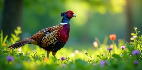 Fototapeta premium A Vibrant Pheasant Amidst a Lush Meadow of Blossoming Flowers in the Gentle Sunlight