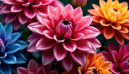 Intricate dahlia blooms, vibrant colors, lush petals, print, fabric, refined