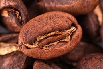Macro shot of a roasted coffee bean with visible cracks, surrounded by other beans, highlighting its rich brown texture and natural layers. Ideal for coffee branding