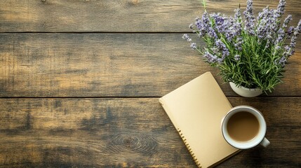 Simple workspace with lavender and coffee