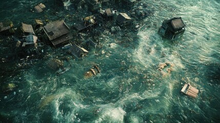 Devastated village submerged in a raging flood.  Damaged homes and debris swept away by surging waters