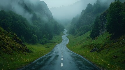Rainy Mountain Road Winding Through Foggy Valley