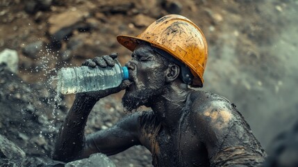 Thirsty Miner: A hard worker taking refreshing break with water bottle in the mine