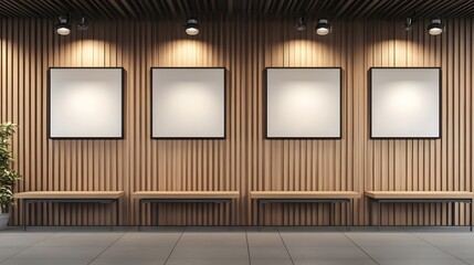 Sleek Modern Interior with Blank Posters on Wooden Slat Wall Artistic Design Concept