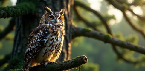 Obraz premium A majestic owl, perched on a moss-covered branch, basks in the soft golden light of dawn, its vibrant plumage a striking contrast against the blurred green forest background.
