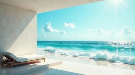 Fototapeta premium Serene Coastal Relaxation A Modern Minimalist Lounge Chair Overlooking a Sparkling Ocean with Gentle Waves on a Sunny Day