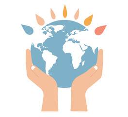 Hands holding a globe with colorful leaves representing nature  