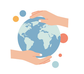 Human hands embracing the Earth with colorful planets in background  