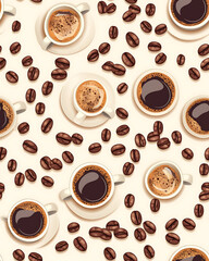Obraz premium seamless pattern Realistic and artistic illustrations of coffee beans, brewing equipment, coffee cups for background or wallpaper