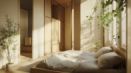 Sunlit Minimalist Bedroom Design: Tranquil Morning