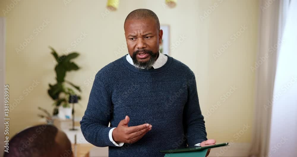Poster speaker, office and business man with tablet for meeting, discussion and project feedback to workers