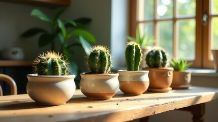 Sunlit succulents in rustic ceramic pots on a wooden table