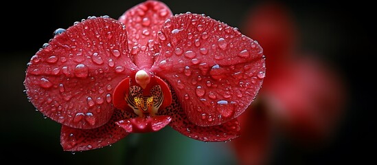 Close Up of Beautiful Red Orchid Bloom with Water Droplets