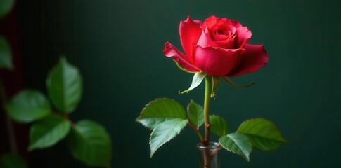 Fototapeta premium A single crimson rose, elegantly displayed in a clear glass vase, stands out against a deep green backdrop, its vibrant petals and lush leaves creating a captivating image of natural beauty.