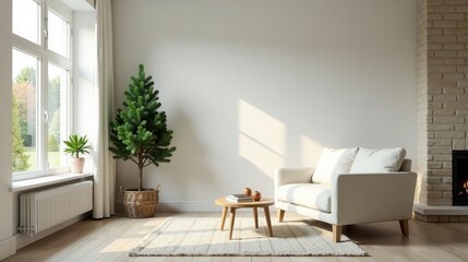 Fototapeta premium Serene Living Room Interior Design with Minimalist Decor and Natural Light Featuring a Small Evergreen Tree