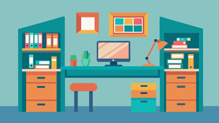 A compact desk setup in the corner of a shared home office with a designated drawer for each family members school materials.. Vector illustration
