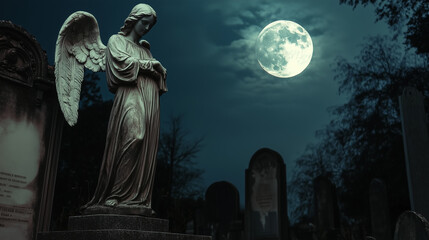 A ghostly pale angel statue bathed in silver moonlight, standing solemnly in an abandoned cemetery
